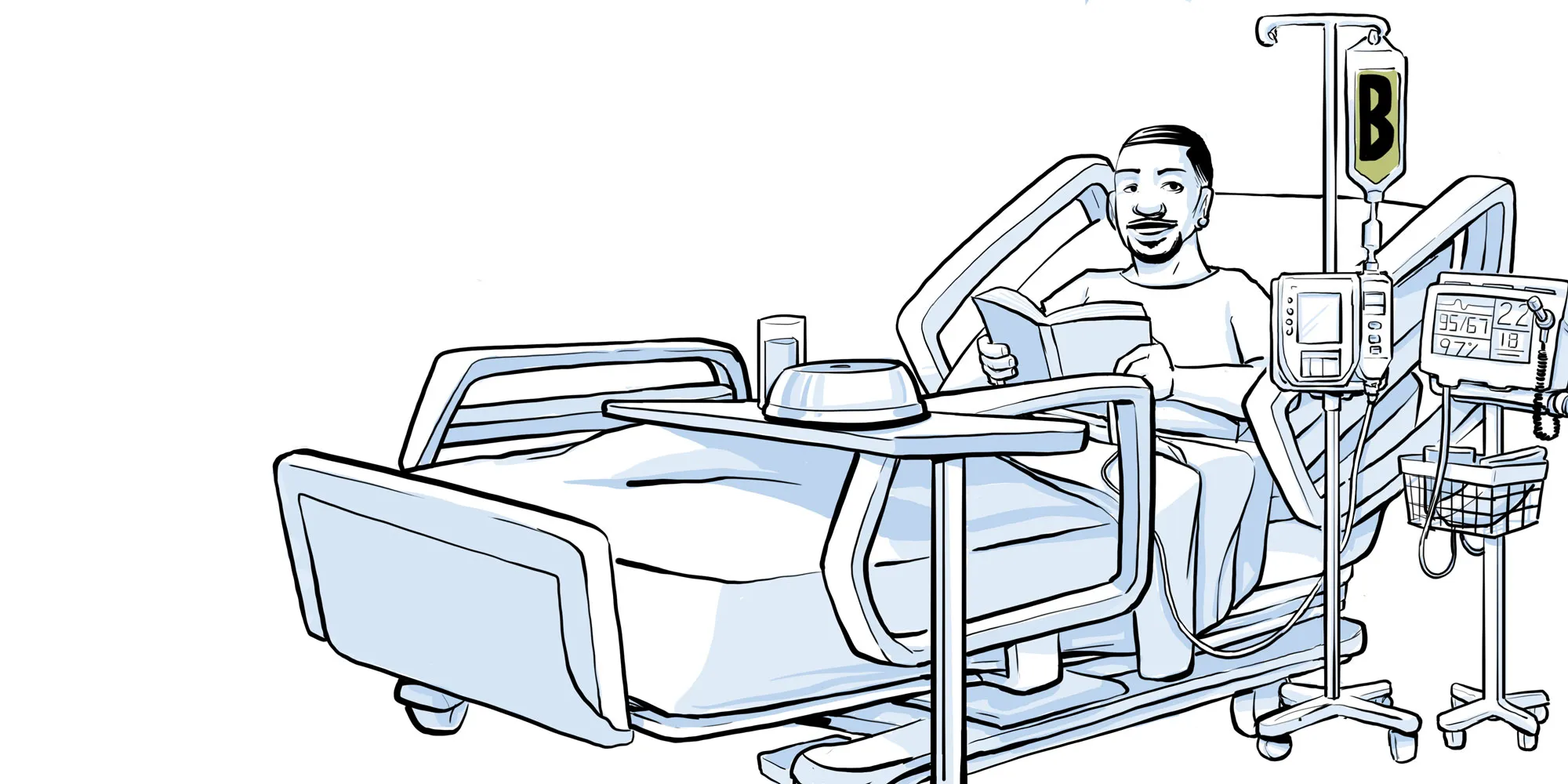 Man with CF sitting up in hospital bed, getting medicine from an IV.