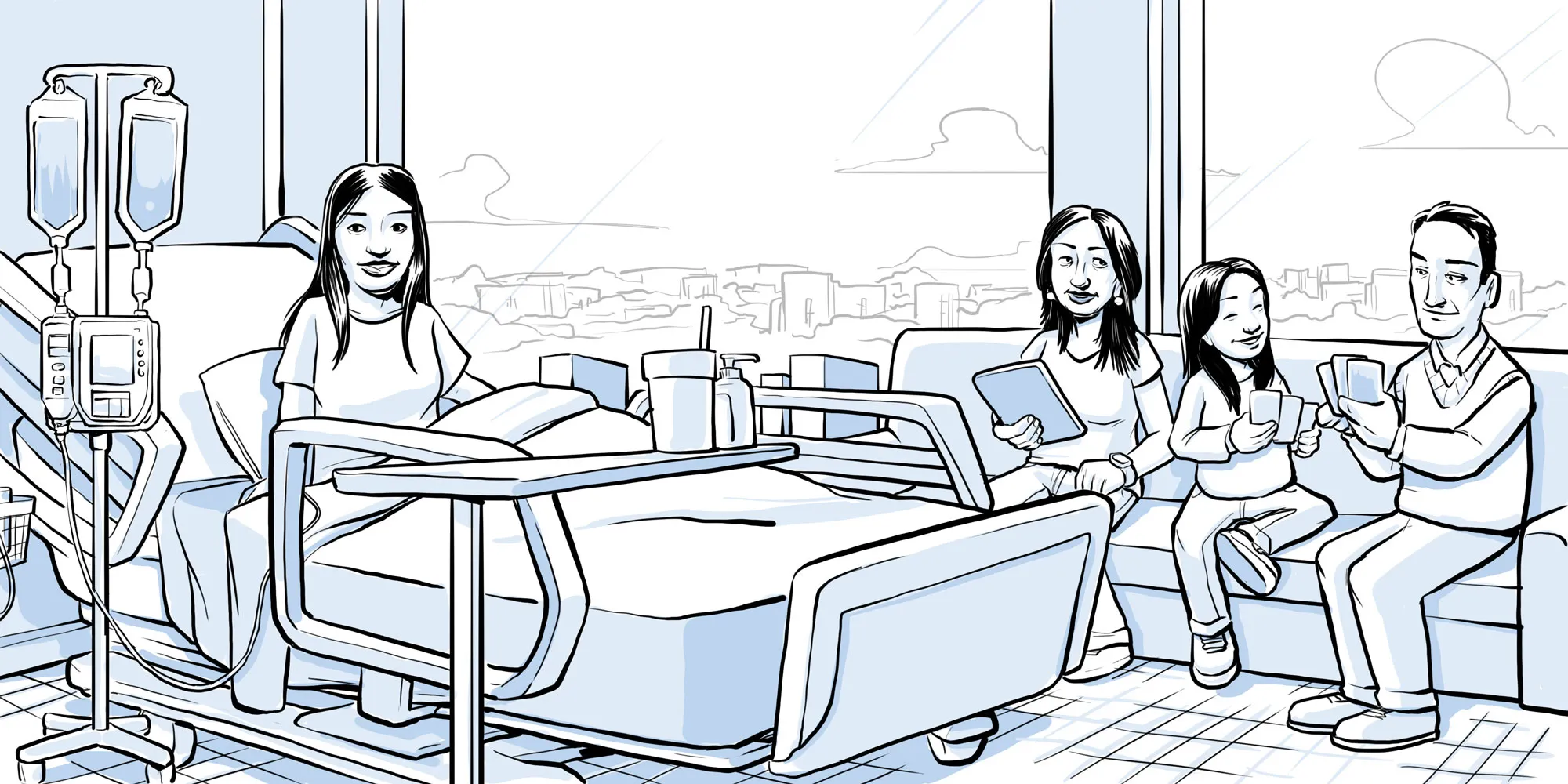 Young adult with CF, sitting up in a hospital bed. Her parents and brother are in the room with her.