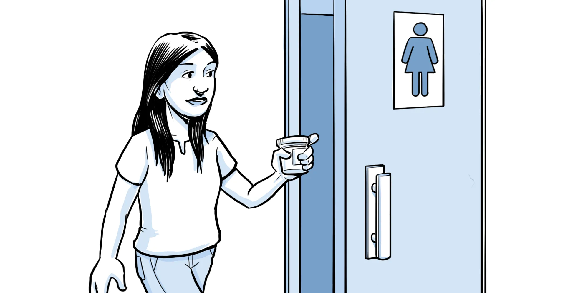 Research participant entering bathroom for urine sample colleciton.